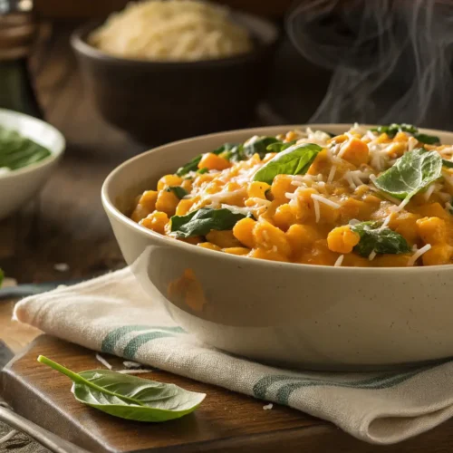 Creamy ditalini pasta with spinach and Parmesan cheese in a bowl