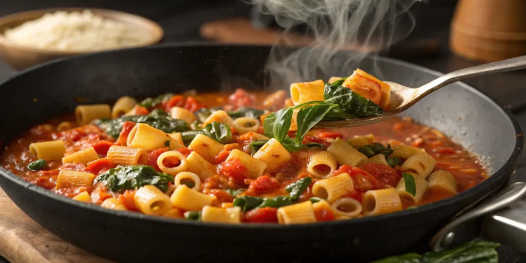 Ditalini pasta cooking in a skillet with tomato sauce and spinach.