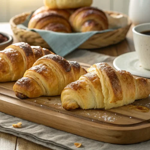 Golden brown Gipfeli pastries on a wooden serving board, accompanied by a cup of coffee on a rustic kitchen table with natural lighting. Gipfeli recipe