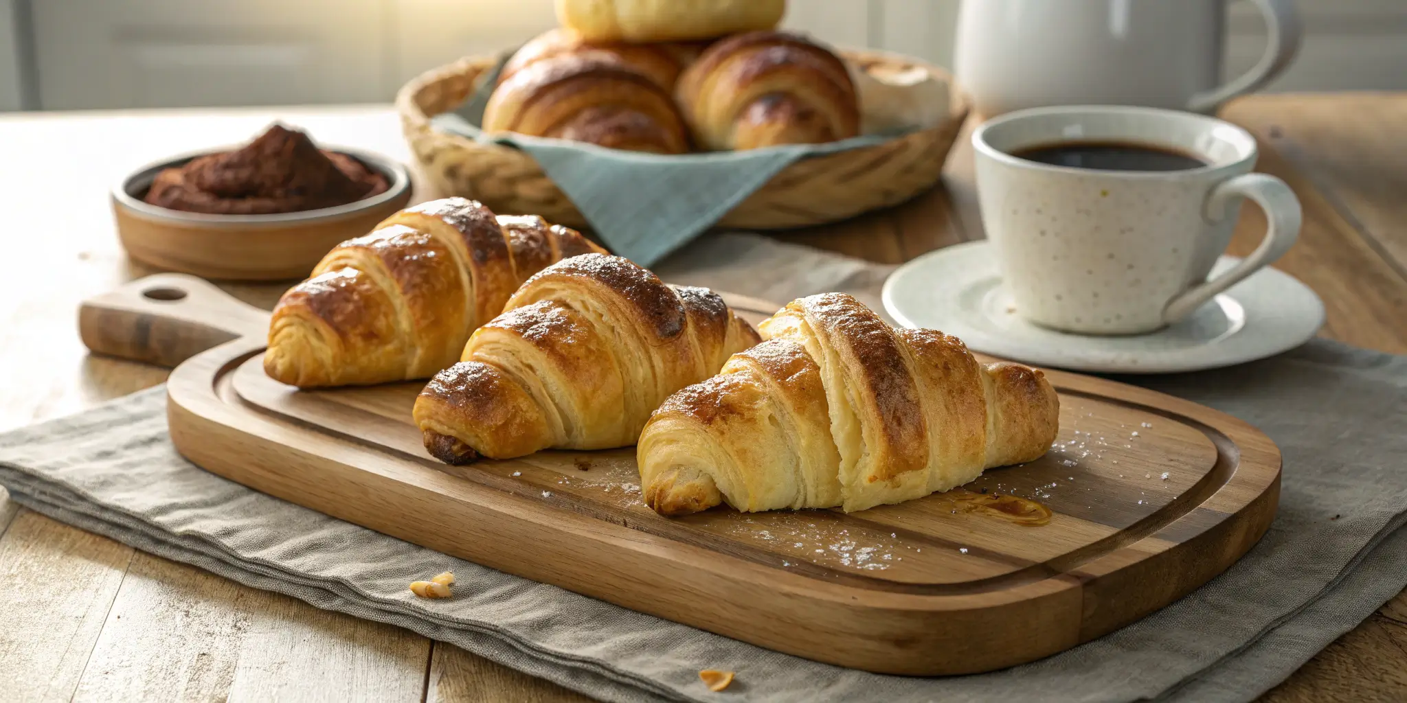 Golden brown Gipfeli pastries on a wooden serving board, accompanied by a cup of coffee on a rustic kitchen table with natural lighting. Gipfeli recipe