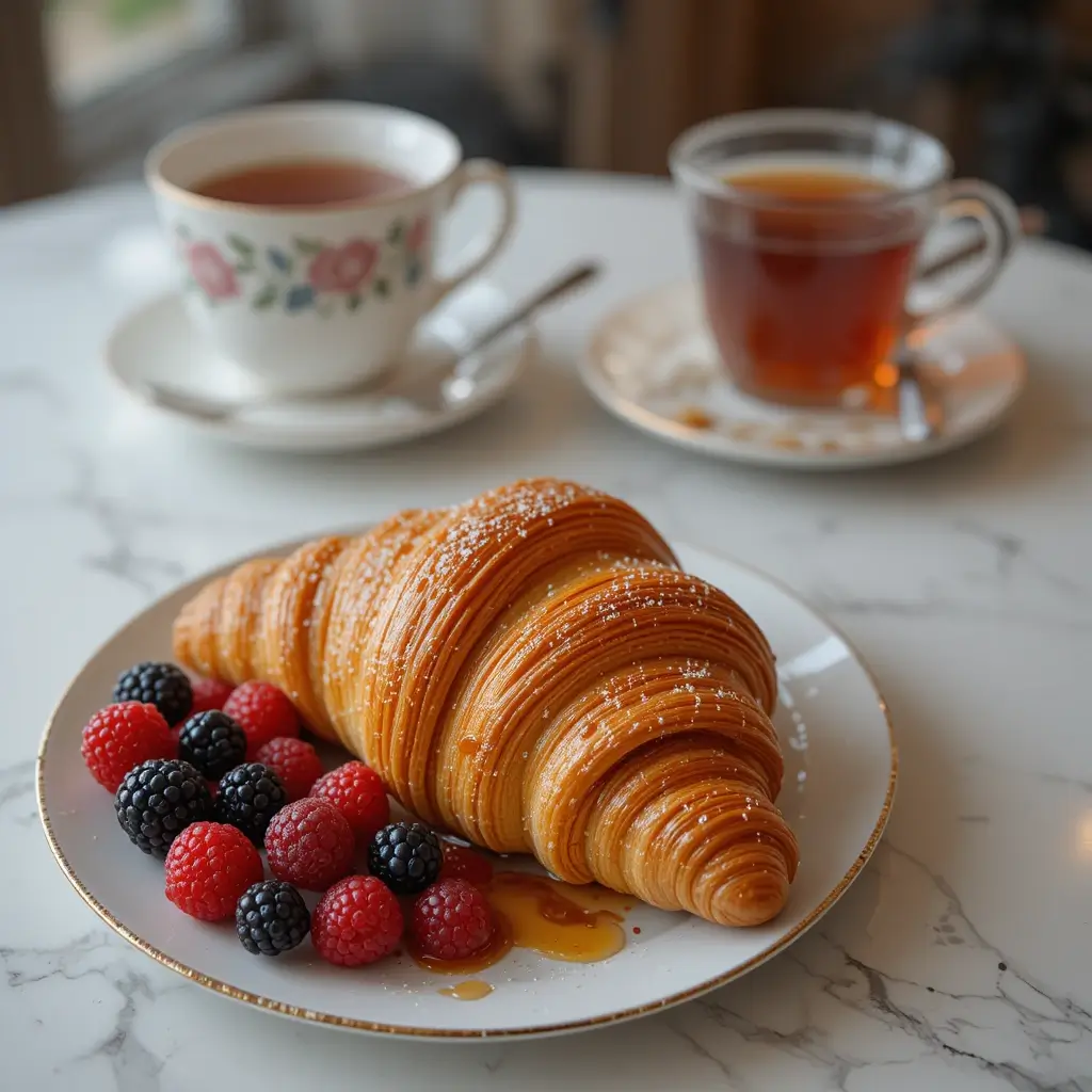 Serving gipfeli pastries with berries and tea.