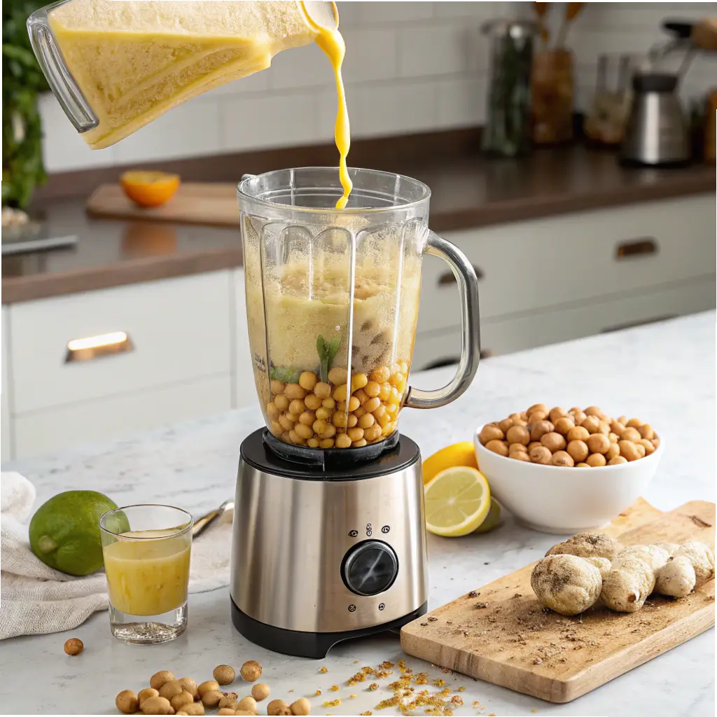 Blender mixing lotus seed honey drink ingredients