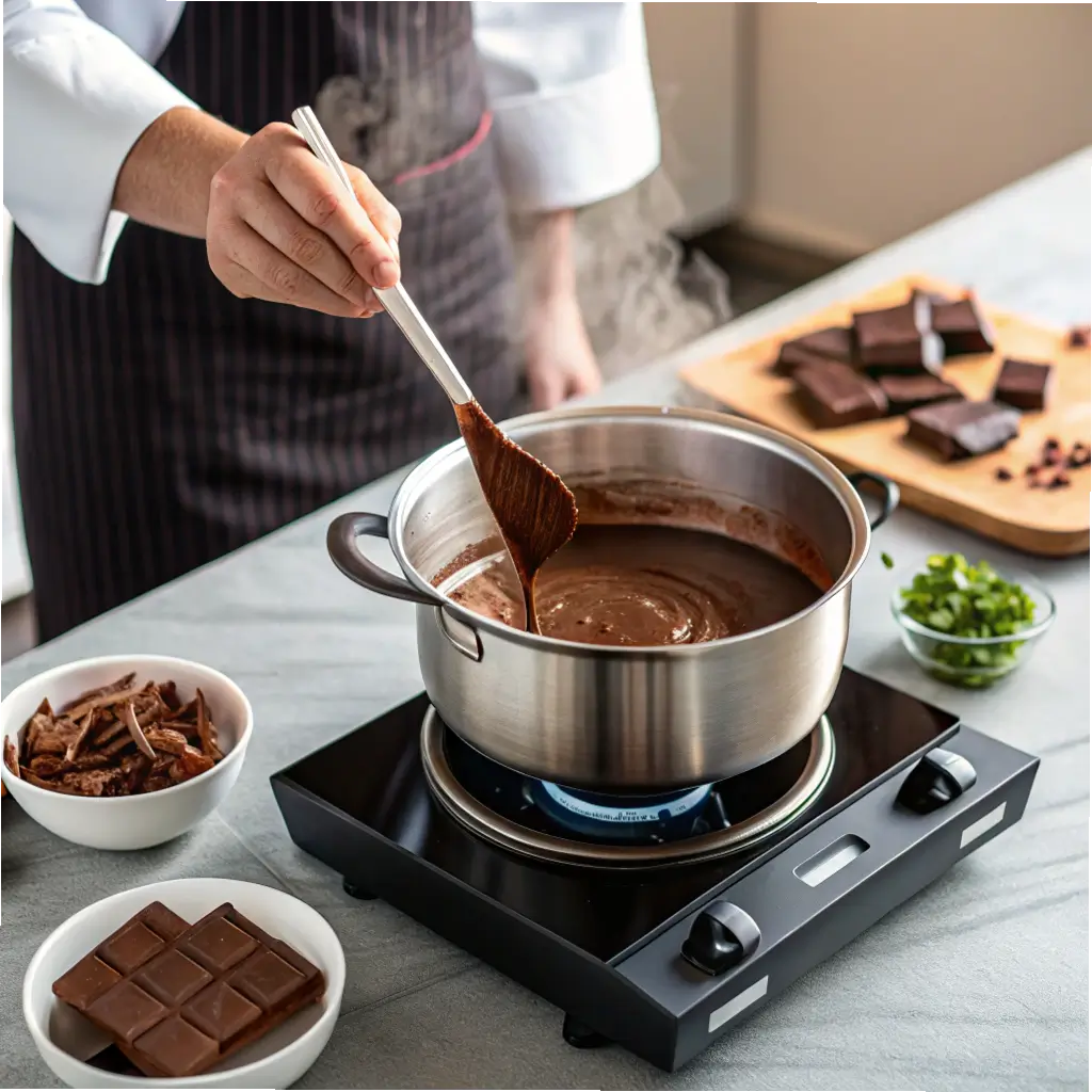 Chef stirring bubbling chocolate sauce on a stove