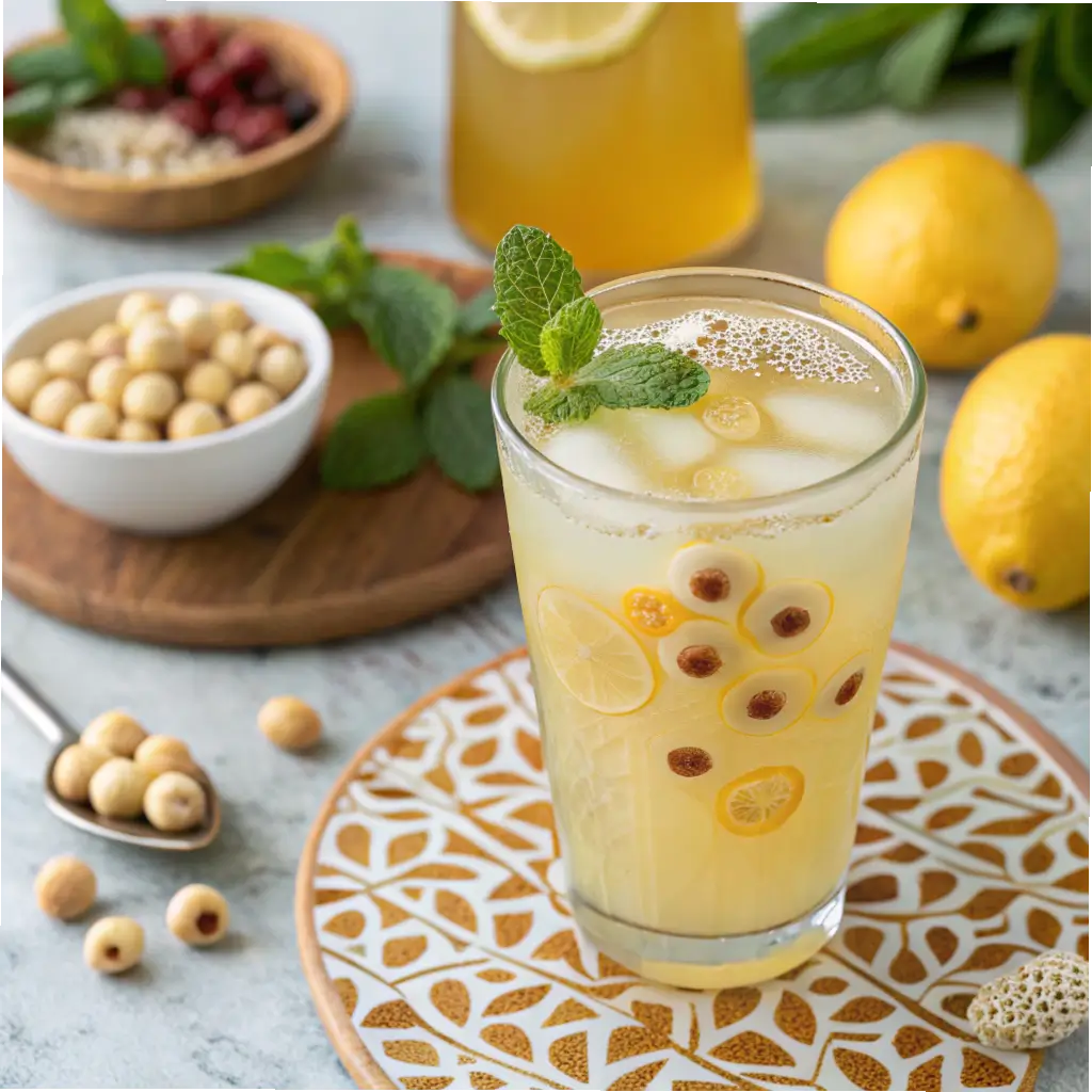 Garnished lotus seed honey drink with mint and lemon