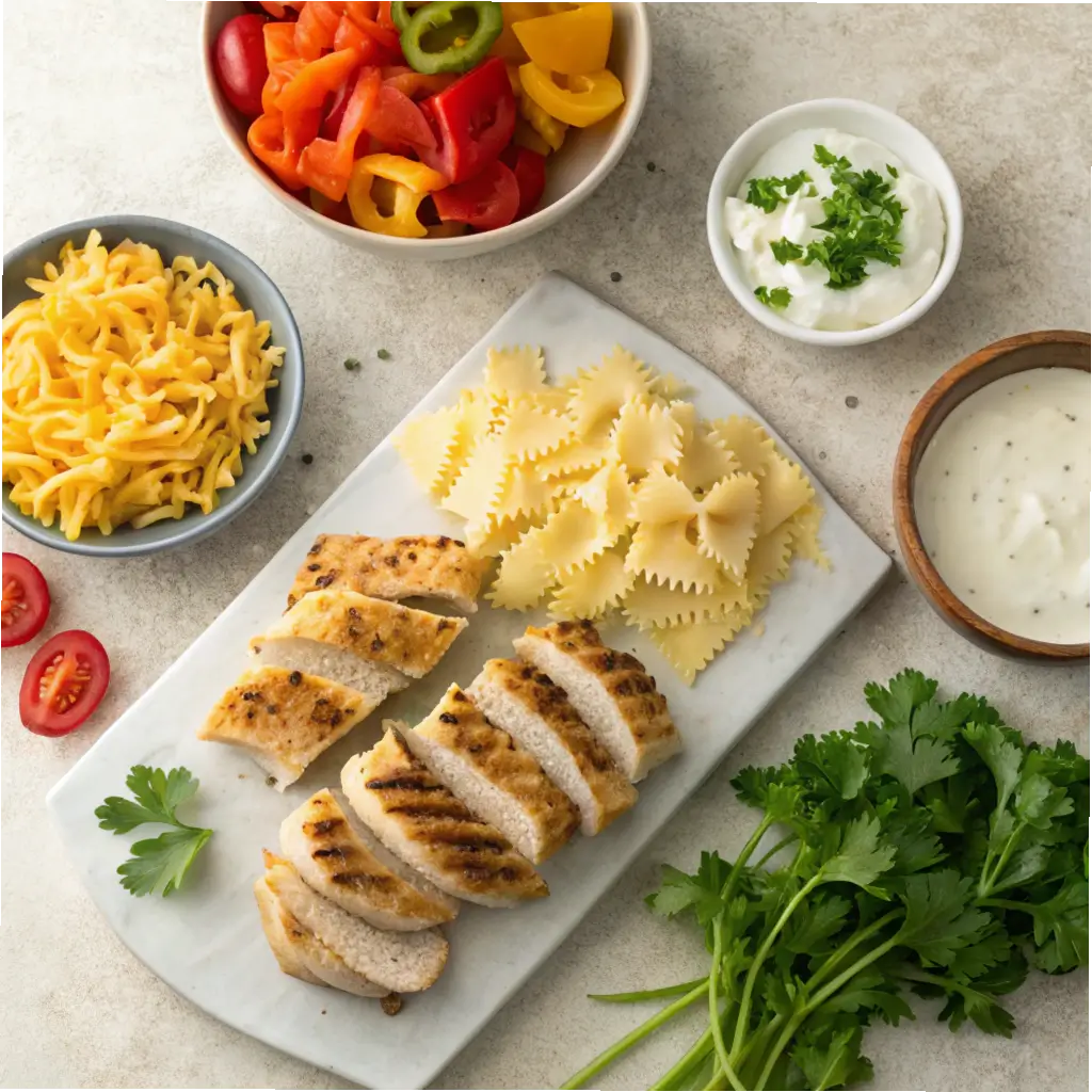 Fresh ingredients for Chicken Ranch Pasta Salad.