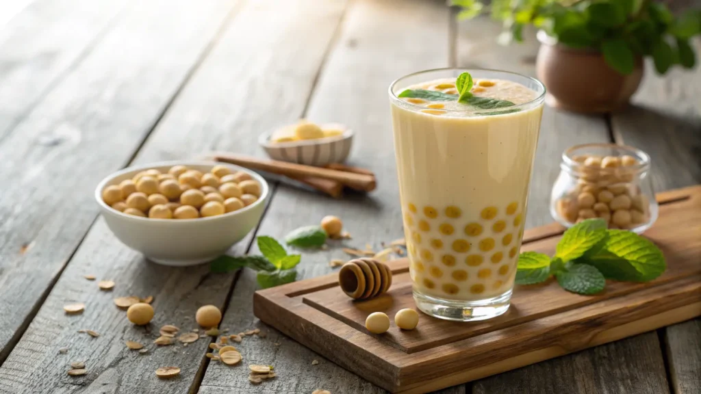 Glass of lotus seed honey drink on a rustic table