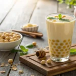 Glass of lotus seed honey drink on a rustic table